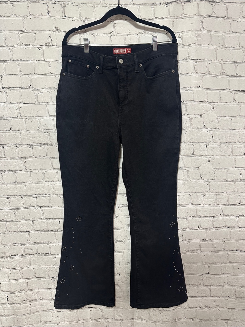Lucky Women's Black Embellished Jeans Stevie High Rise Flare Size 14